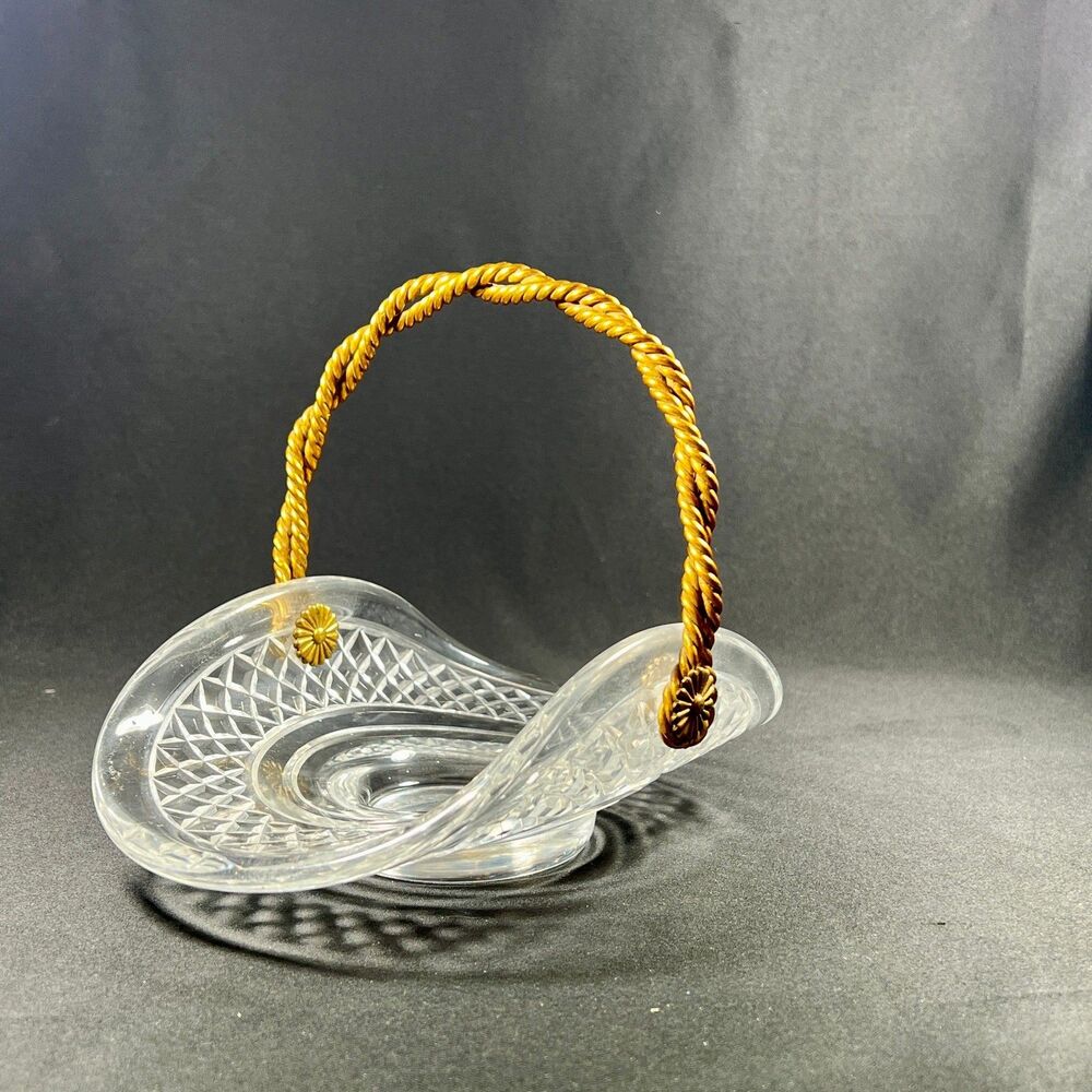 Oval Crystal Basket Bronze Rope Handle Vtg